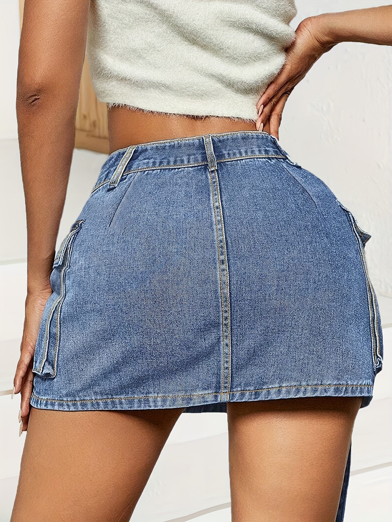 Blue Tooling Flip Side Pocket Personality Wash Jeans Short Skirt High Waist Tight Bag Hip Sexy Street Unique Design Fashion Spring And Summer Women'S Cowboy Overskirt
